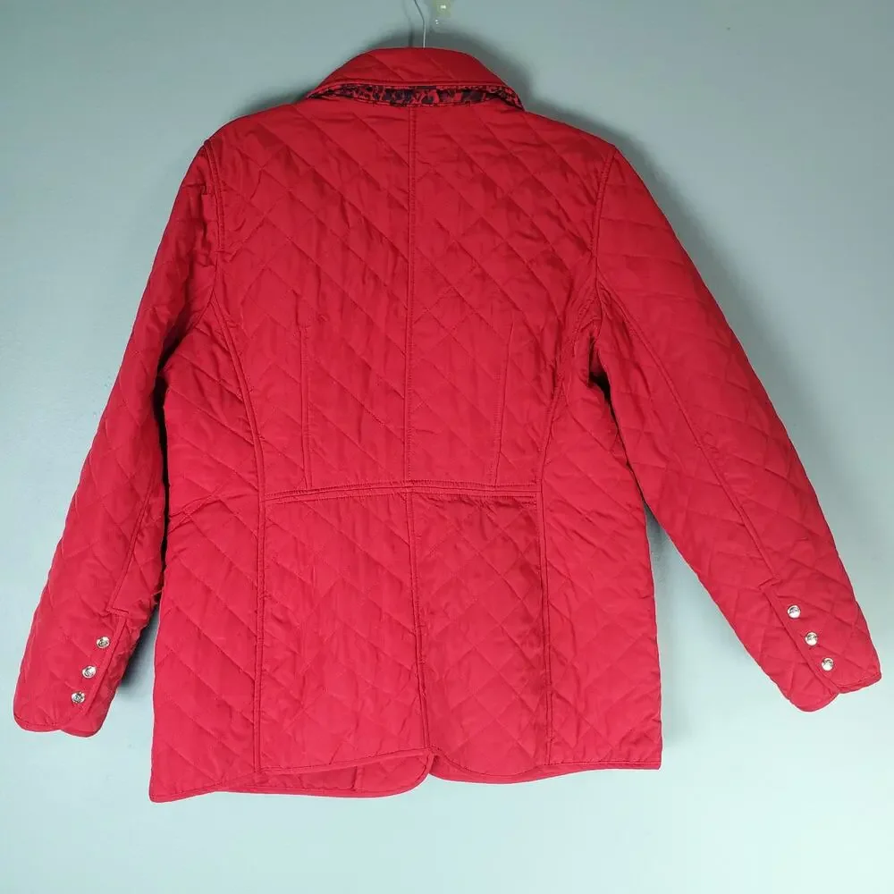 Chico's Womens Red Modern Quilted Jacket Animal Print Lined Pockets Size 2 Large